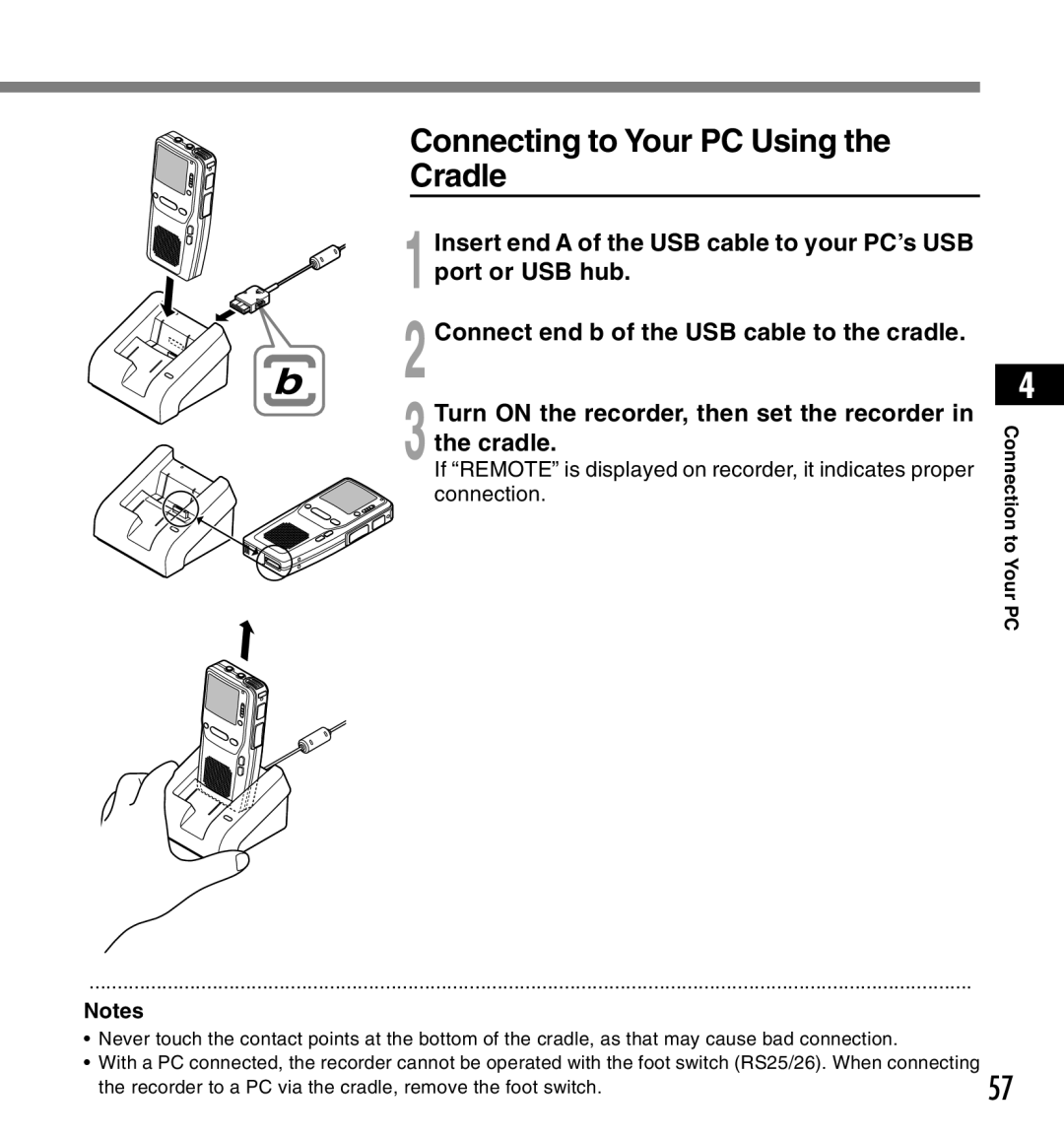 Olympus DS-3300 manual Connecting to Your PC Using Cradle 