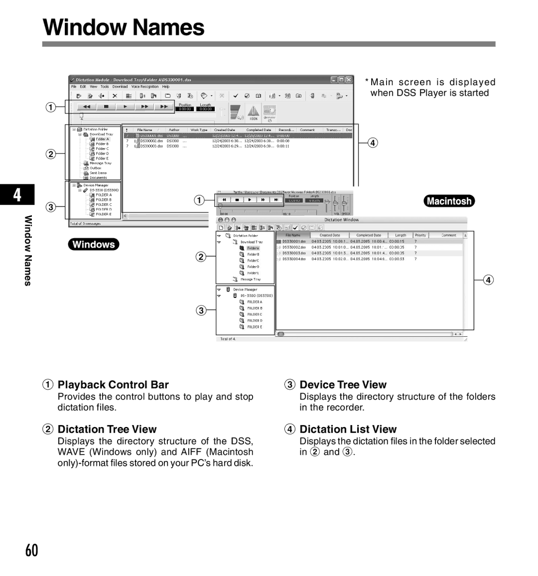 Olympus DS-3300 manual Window Names, Playback Control Bar, Dictation Tree View, Device Tree View, Dictation List View 