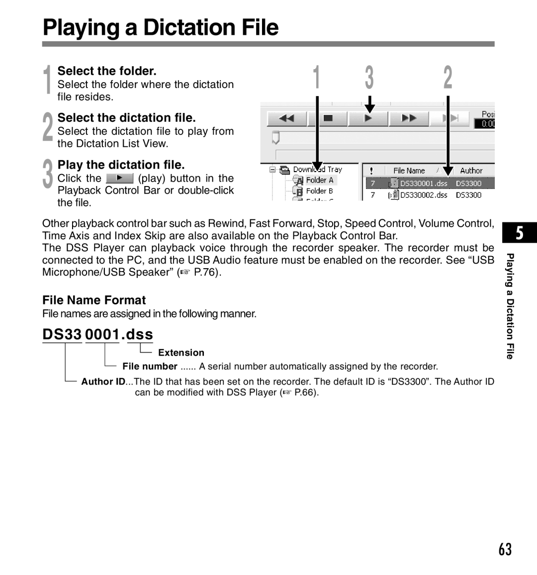 Olympus DS-3300 manual Play the dictation file, File Name Format, Extension, Playing a Dictation File 