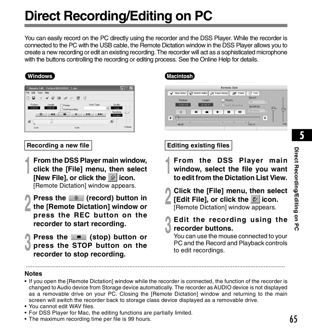 Olympus DS-3300 manual Direct Recording/Editing on PC 