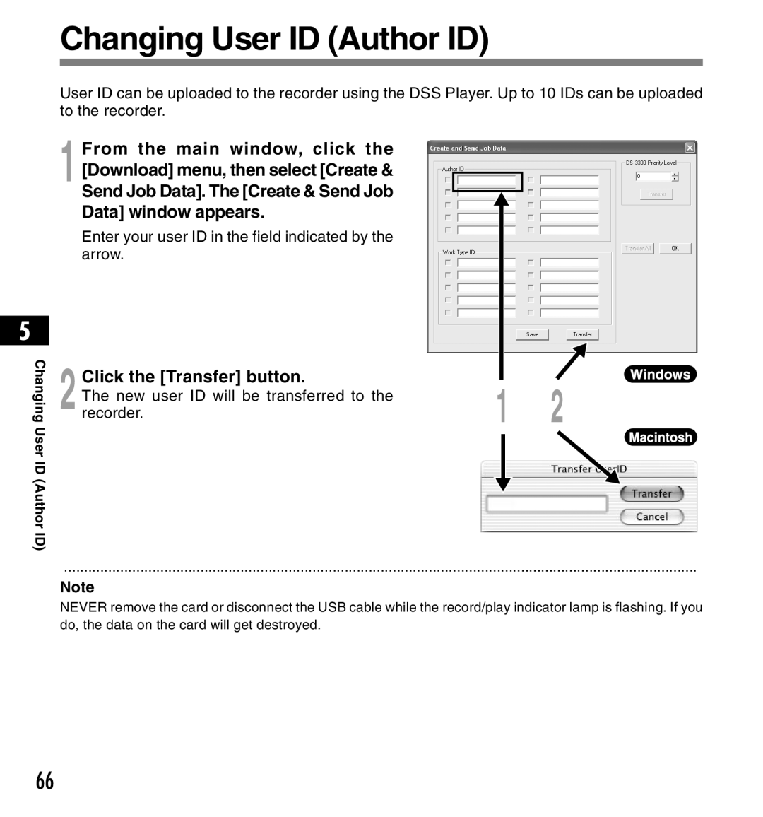 Olympus DS-3300 manual Changing User ID Author ID, Click the Transfer button 