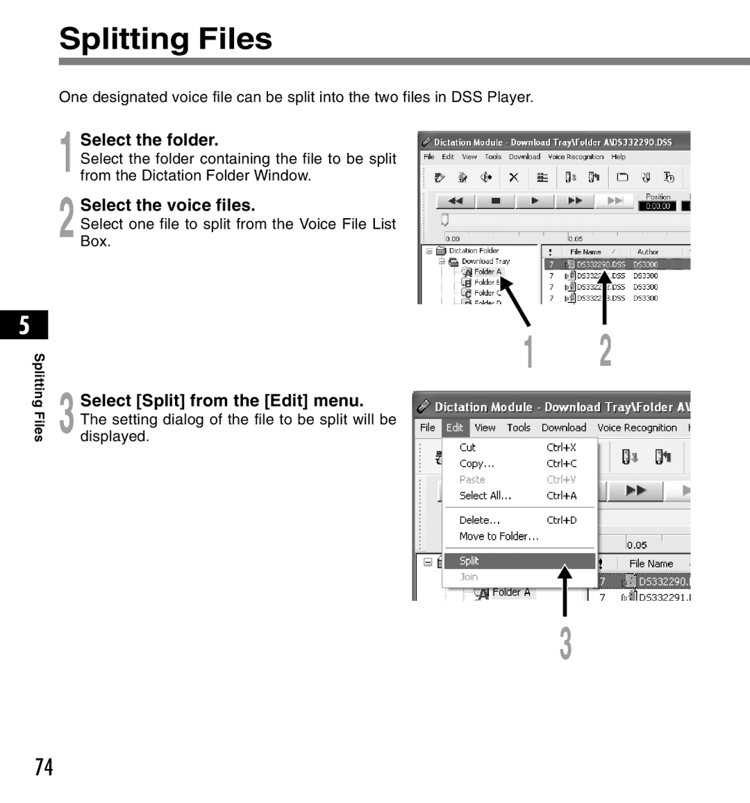 Olympus DS-3300 manual Splitting Files 