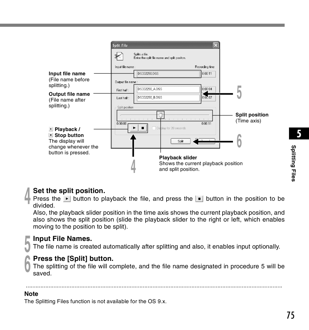 Olympus DS-3300 manual Set the split position, Press the Split button, Playback slider 