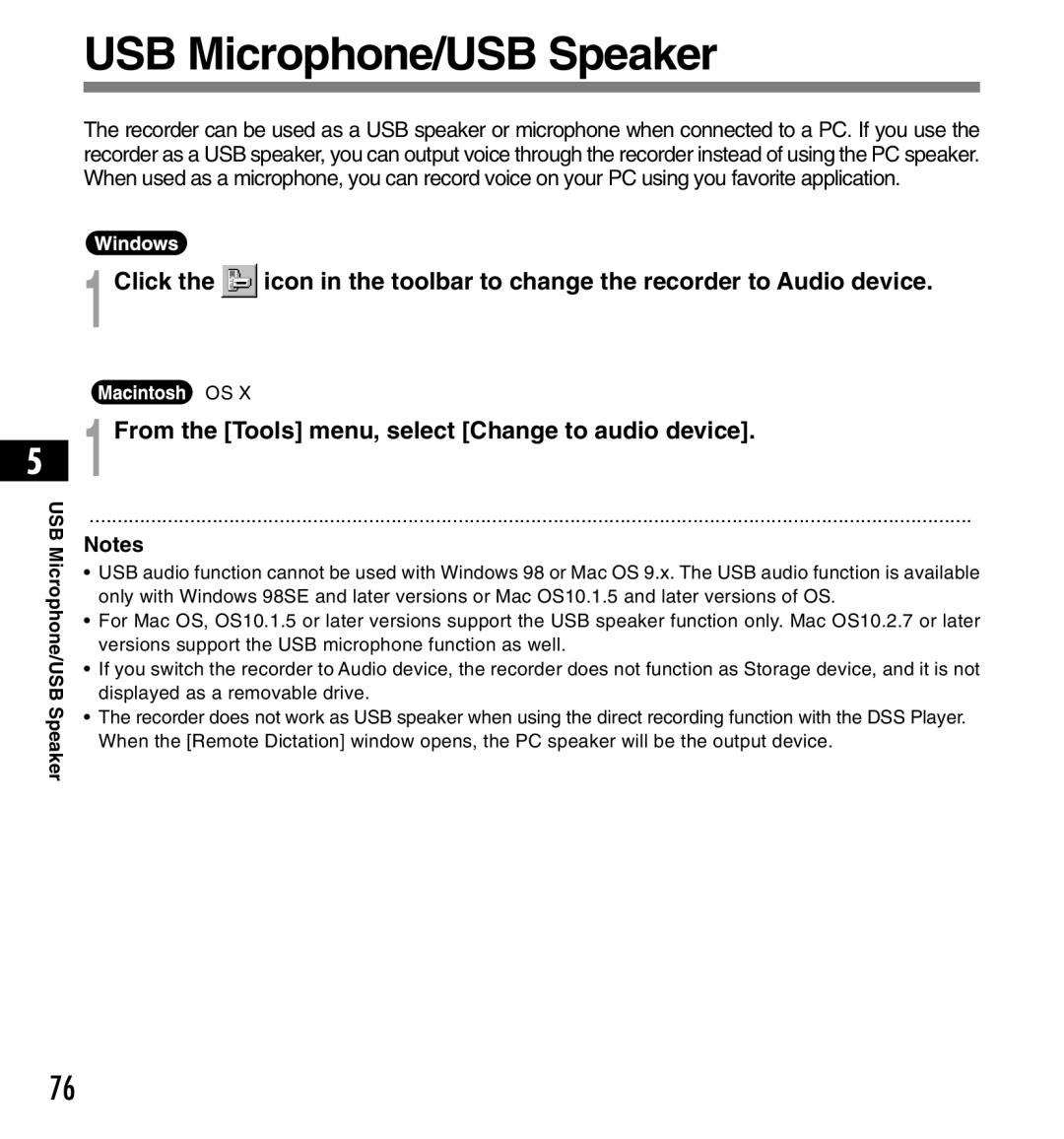 Olympus DS-3300 manual USB Microphone/USB Speaker, 1From the Tools menu, select Change to audio device 