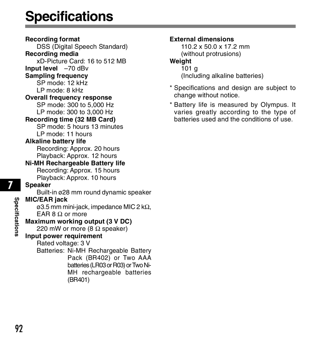 Olympus DS-3300 manual Specifications 