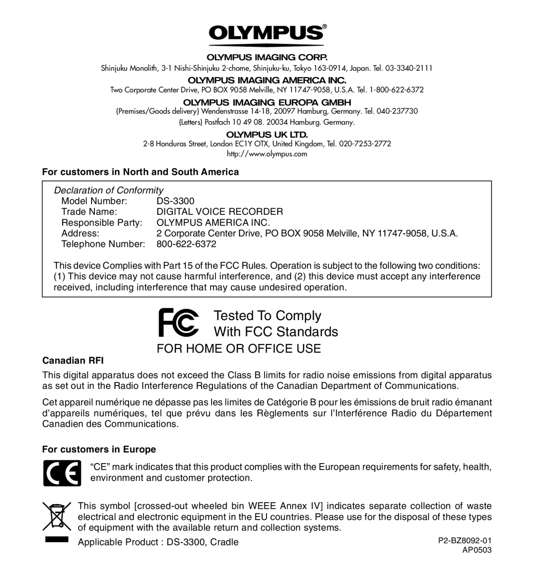 Olympus DS-3300 manual For customers in North and South America, Canadian RFI, For customers in Europe 