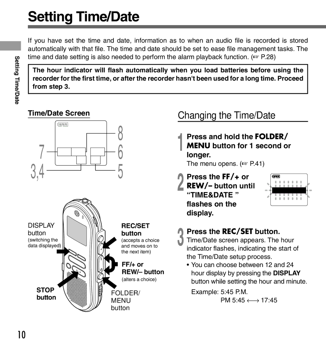 Olympus DS-333 manual Setting Time/Date, Changing the Time/Date 