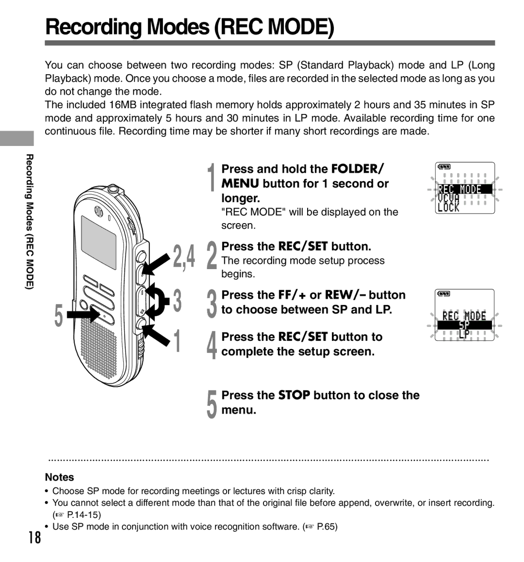 Olympus DS-333 manual Recording Modes REC Mode 