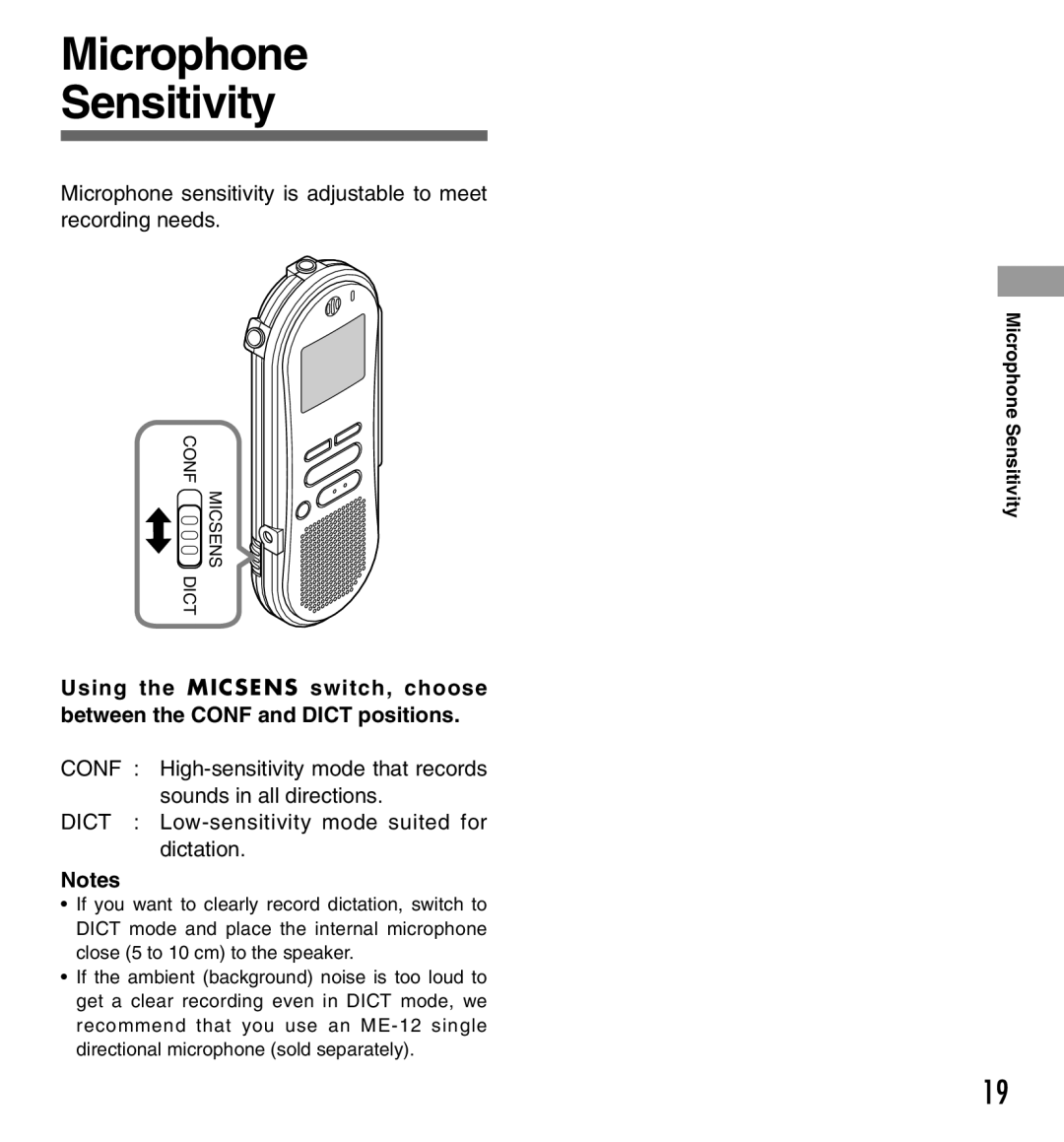 Olympus DS-333 manual Microphone Sensitivity 