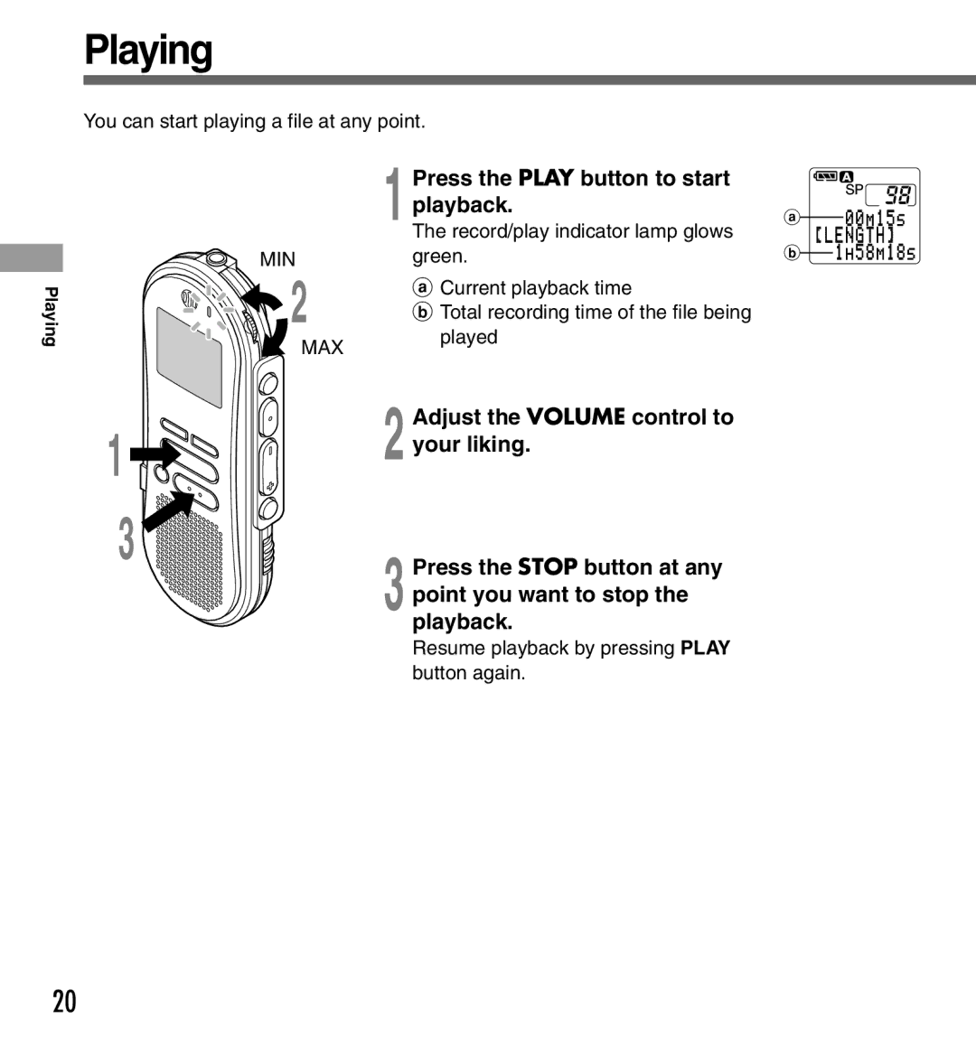 Olympus DS-333 manual Playing, Press the Play button to start playback 