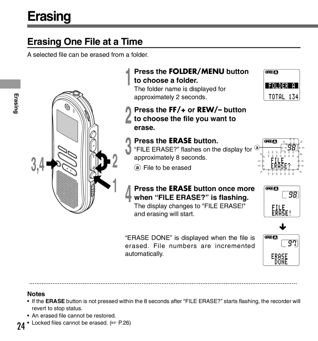 Olympus DS-333 manual Erasing One File at a Time 