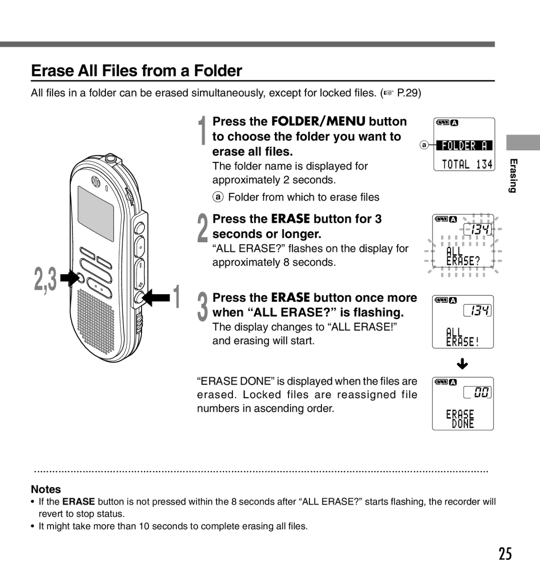 Olympus DS-333 manual Erase All Files from a Folder, Press the Erase button for Seconds or longer 