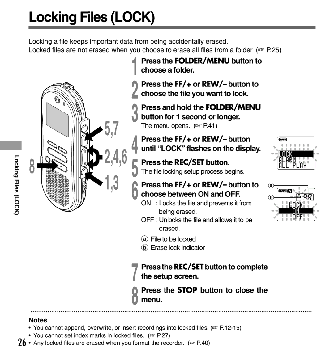 Olympus DS-333 manual Locking Files Lock, Choose the file you want to lock, Press the FF/+ or REW/- button to 