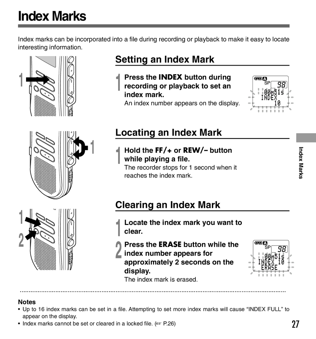 Olympus DS-333 manual Index Marks, Setting an Index Mark, Locating an Index Mark, Clearing an Index Mark 