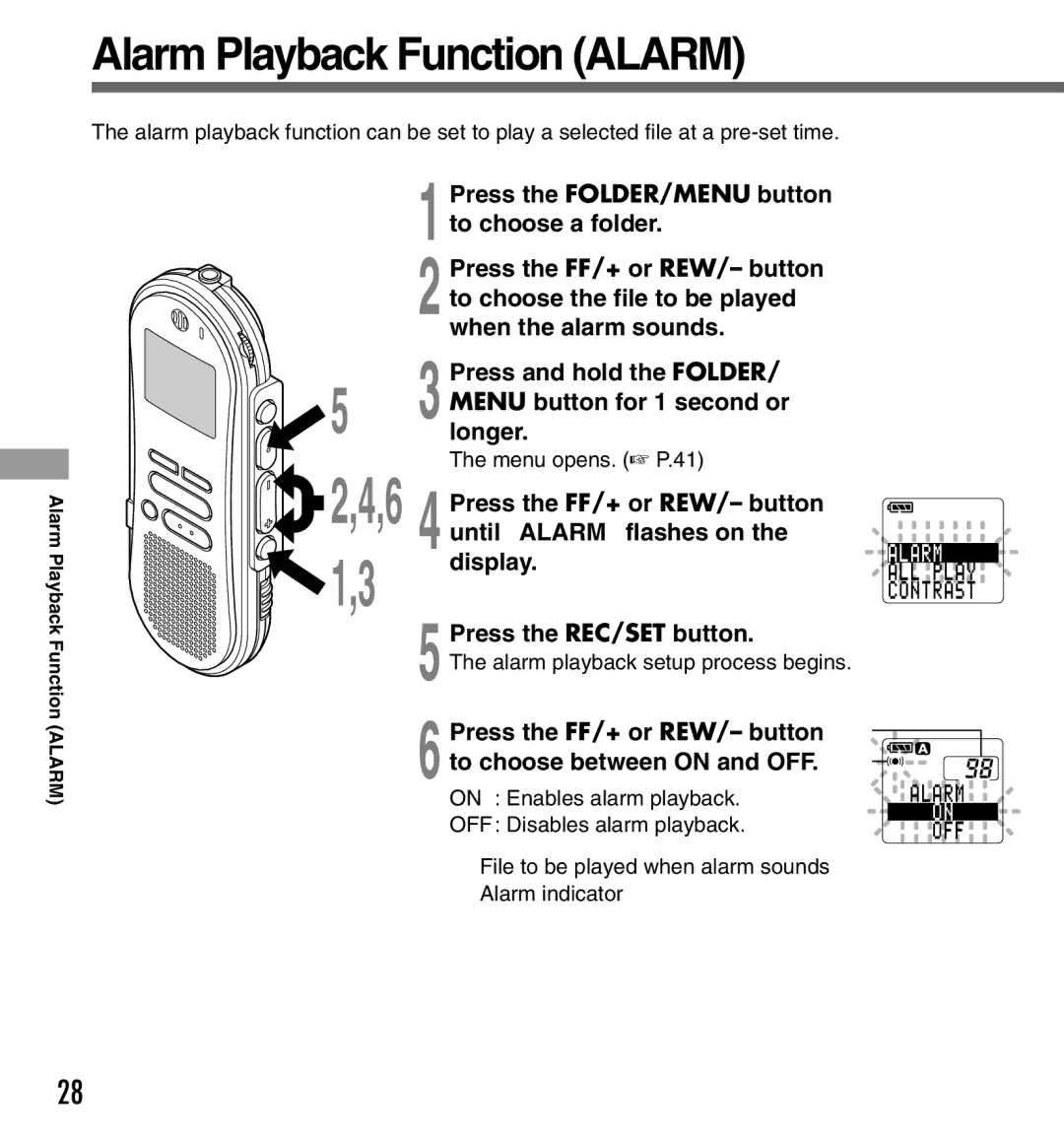 Olympus DS-333 manual 6 1,3, Alarm Playback Function Alarm 