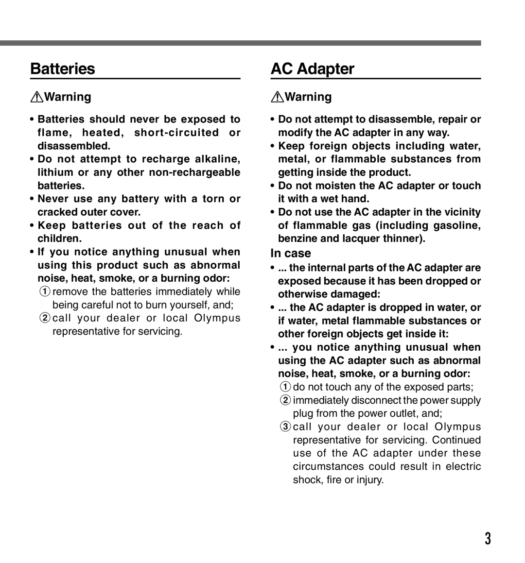 Olympus DS-333 manual Batteries, AC Adapter, Case 