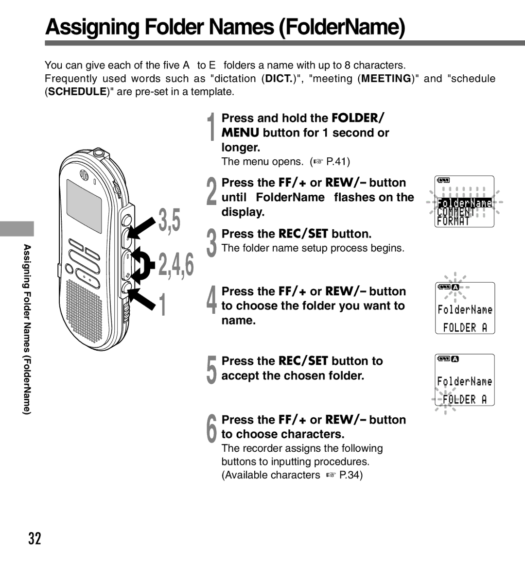 Olympus DS-333 manual Assigning Folder Names FolderName 