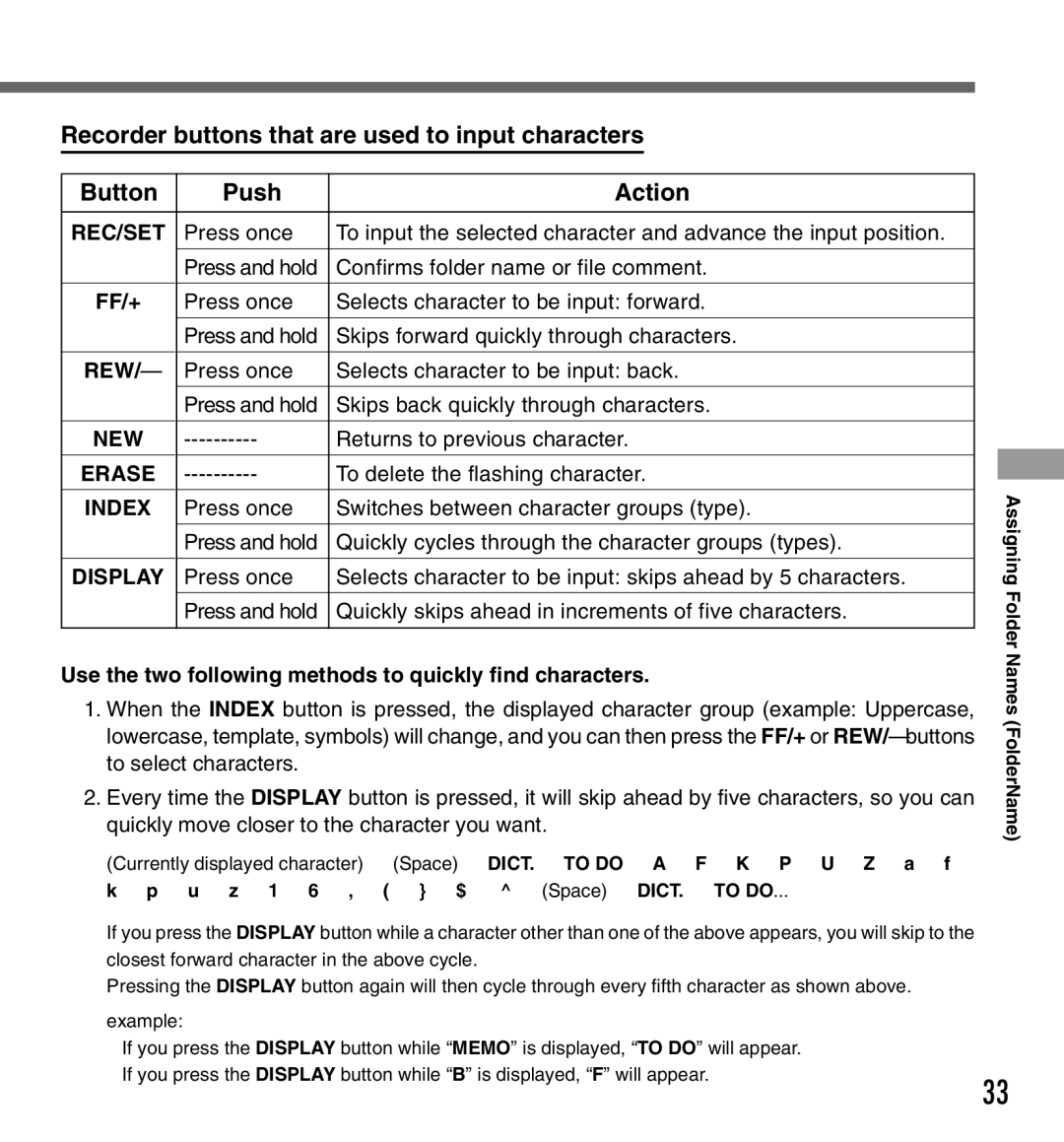 Olympus DS-333 manual Ff/+, Use the two following methods to quickly find characters 