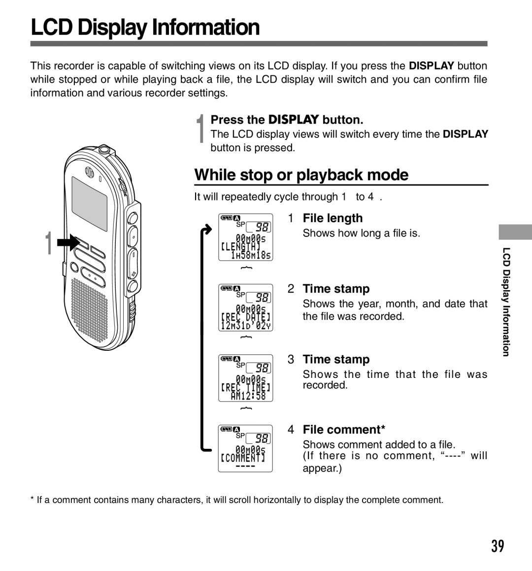 Olympus DS-333 manual LCD Display Information, While stop or playback mode 