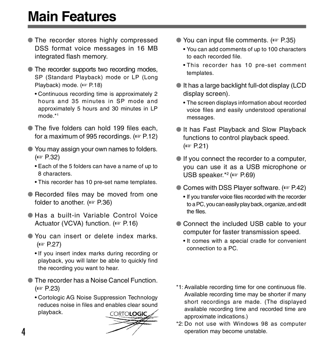 Olympus DS-333 manual Main Features, You may assign your own names to folders. P.32 