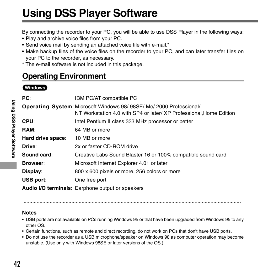 Olympus DS-333 manual Using DSS Player Software, Operating Environment 