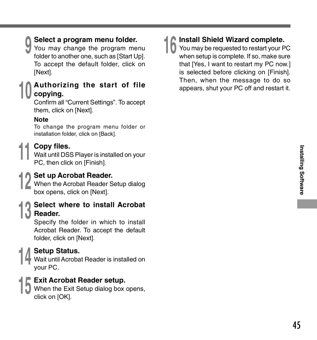 Olympus DS-333 manual 10Authorizing the start of file copying, Copy files, Set up Acrobat Reader, Setup Status 