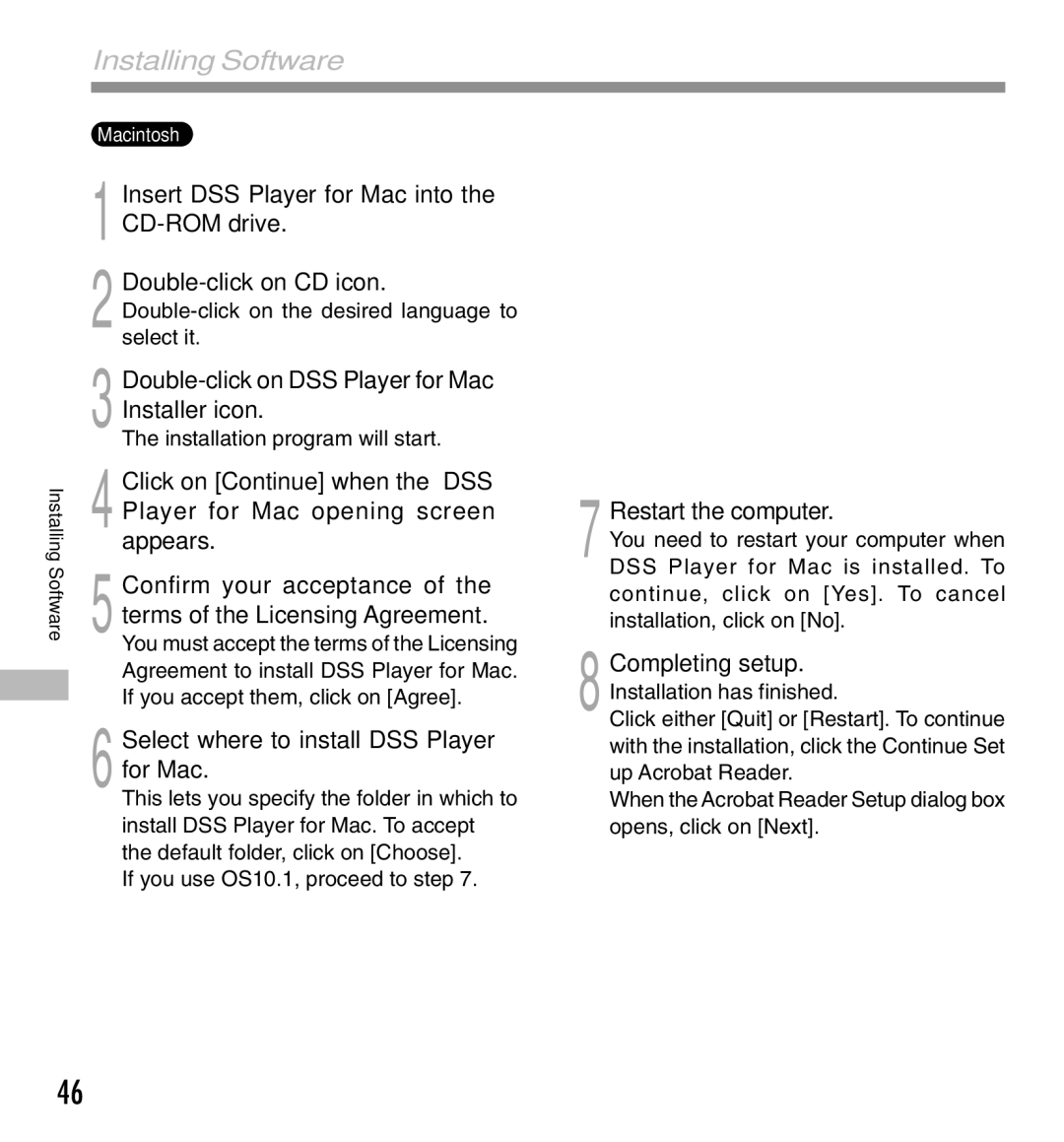 Olympus DS-333 manual Insert DSS Player for Mac into the CD-ROM drive, Double-click on DSS Player for Mac Installer icon 