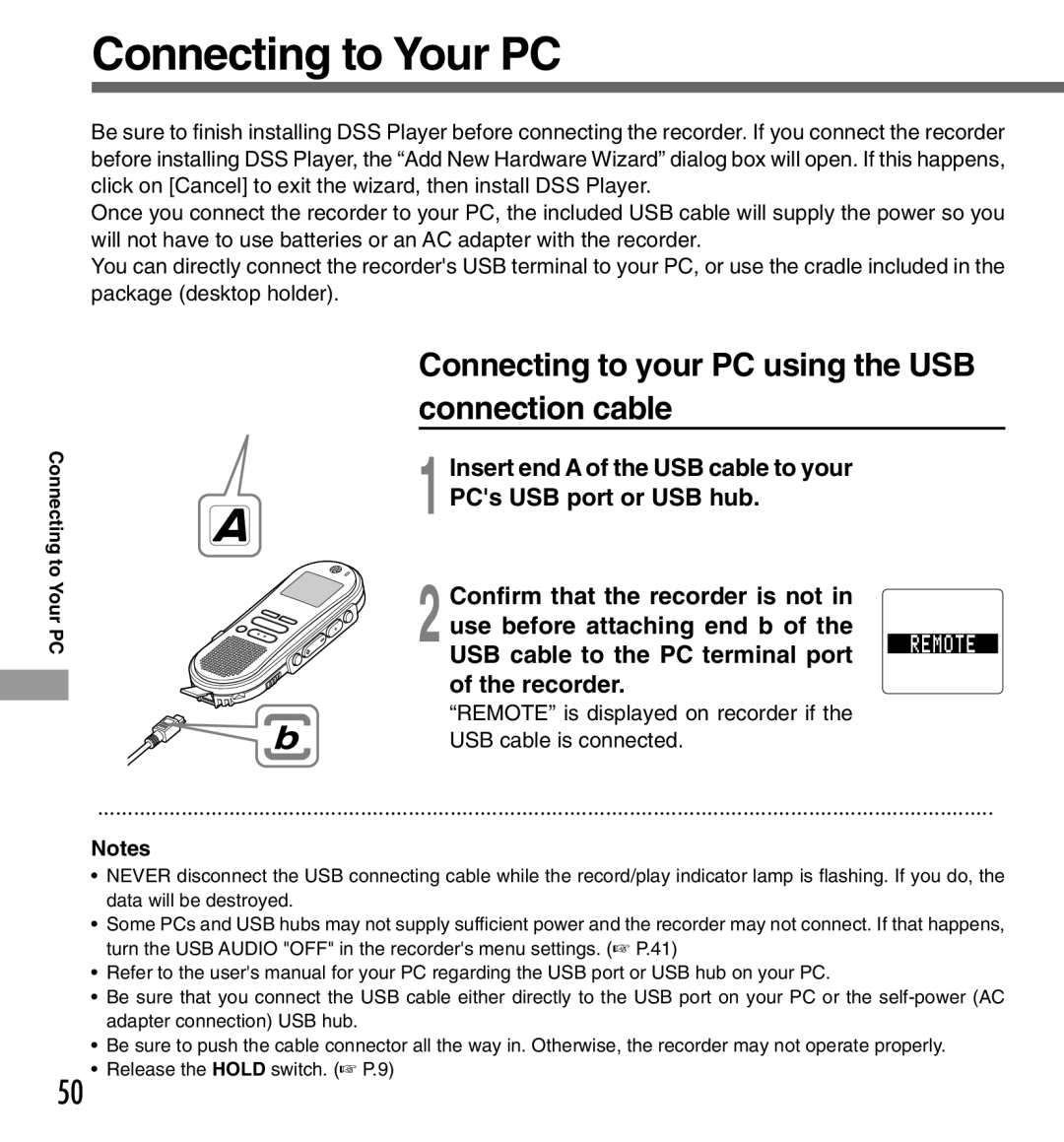 Olympus DS-333 manual Connecting to Your PC, Connecting to your PC using the USB connection cable 