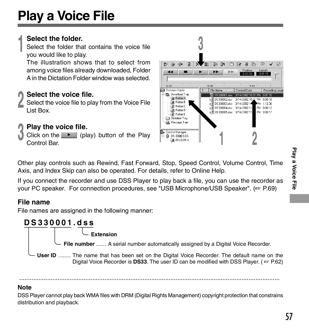 Olympus DS-333 manual Play a Voice File, Play the voice file, File name, Extension 