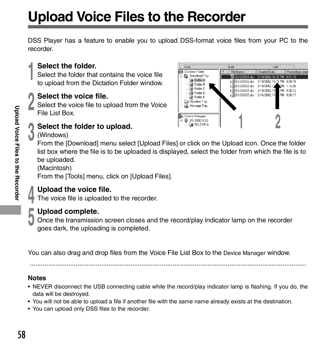 Olympus DS-333 Upload Voice Files to the Recorder, Select the folder to upload, Upload the voice file, Upload complete 