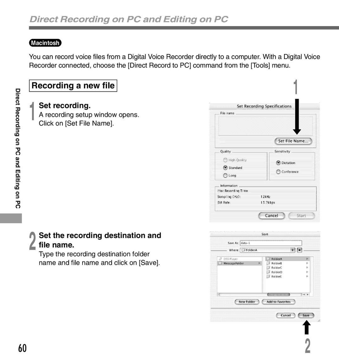 Olympus DS-333 manual Set recording, Set the recording destination and file name 