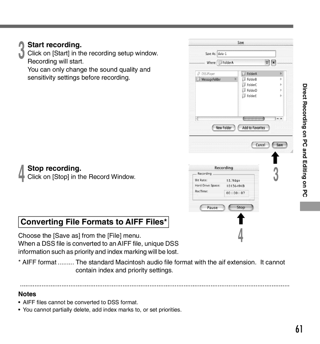 Olympus DS-333 manual Start recording, Stop recording, Click on Stop in the Record Window 