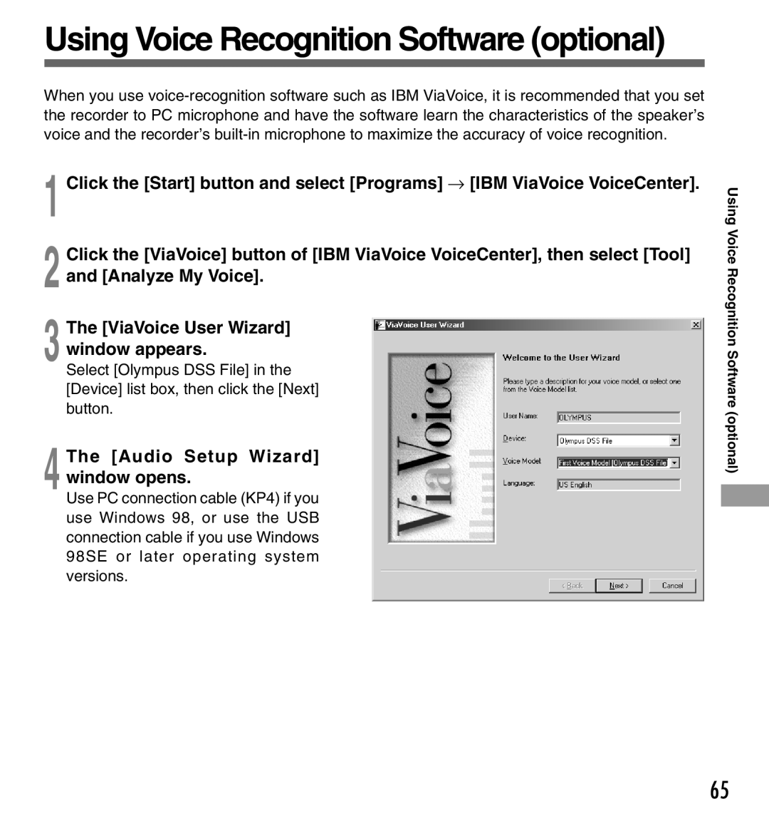 Olympus DS-333 manual Audio Setup Wizard window opens, Using Voice Recognition Software optional 