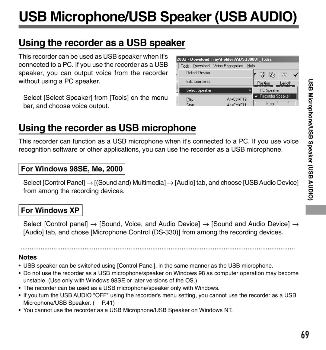 Olympus DS-333 manual Using the recorder as a USB speaker, Using the recorder as USB microphone, For Windows 98SE, Me 