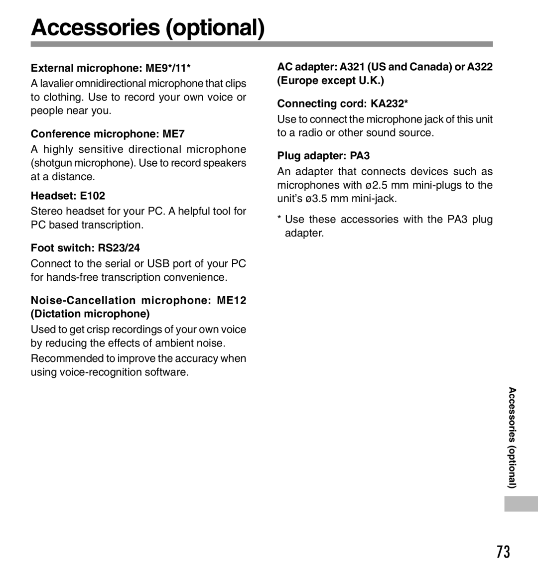 Olympus DS-333 manual Accessories optional 