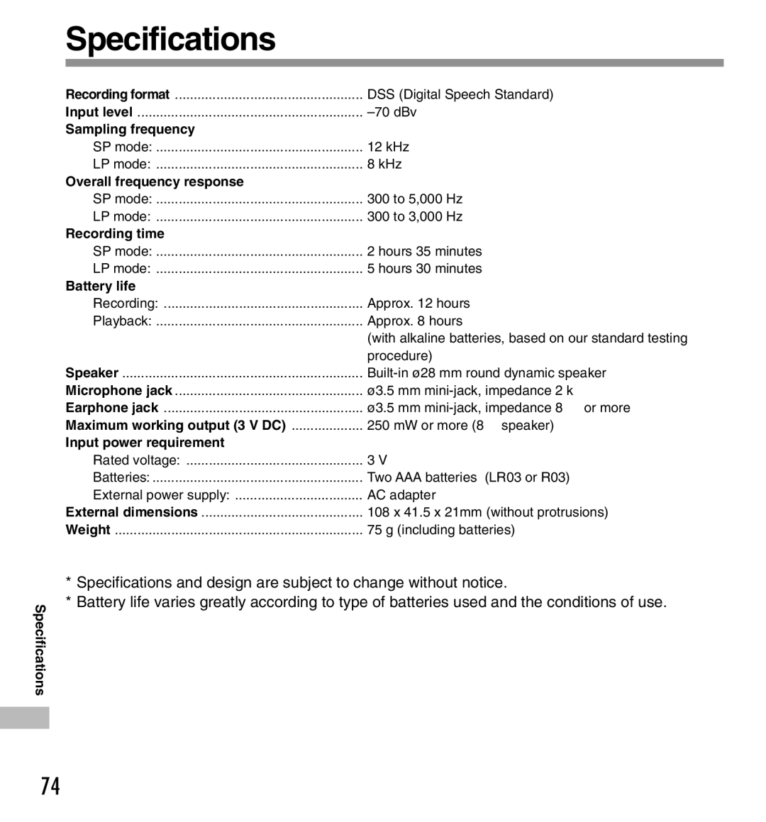 Olympus DS-333 manual Specifications 