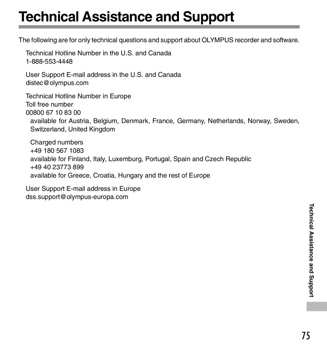 Olympus DS-333 manual Technical Assistance and Support 