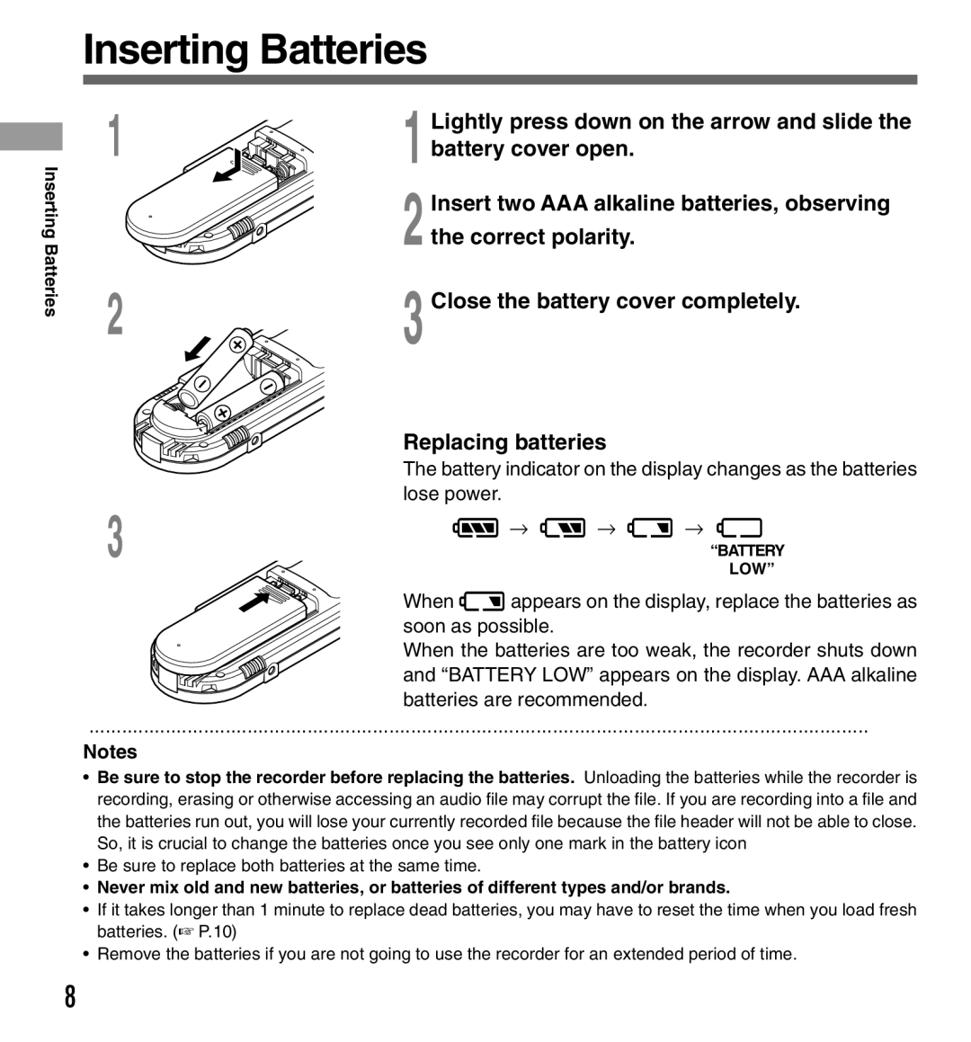 Olympus DS-333 manual Inserting Batteries, Lightly press down on the arrow and slide 