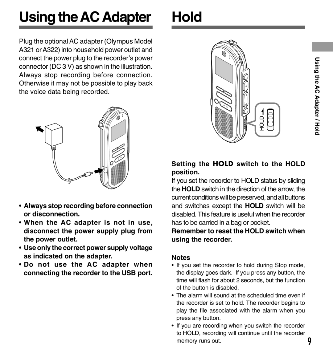 Olympus DS-333 manual Using the AC Adapter, Setting the Hold switch to the Hold position 