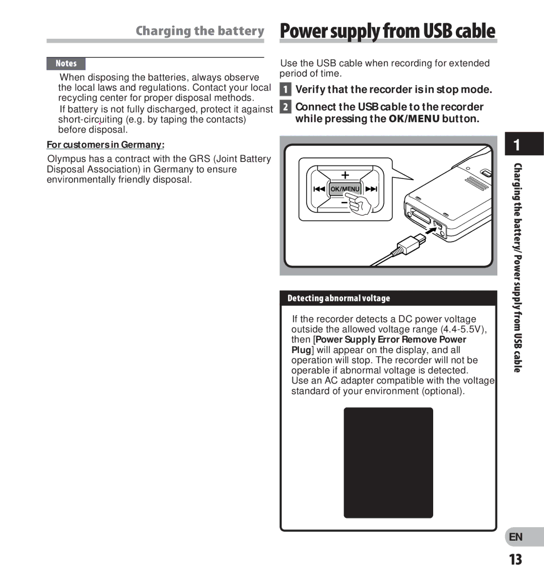 Olympus DS-3500 Charging the battery/ Power supply from USB cable, For customers in Germany, Detecting abnormal voltage 