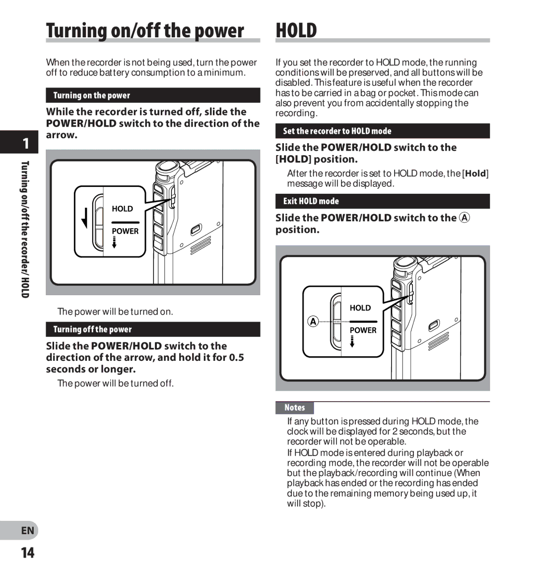 Olympus DS-3500 Arrow, Slide the POWER/HOLD switch to the Hold position, Slide the POWER/HOLD switch to the a position 