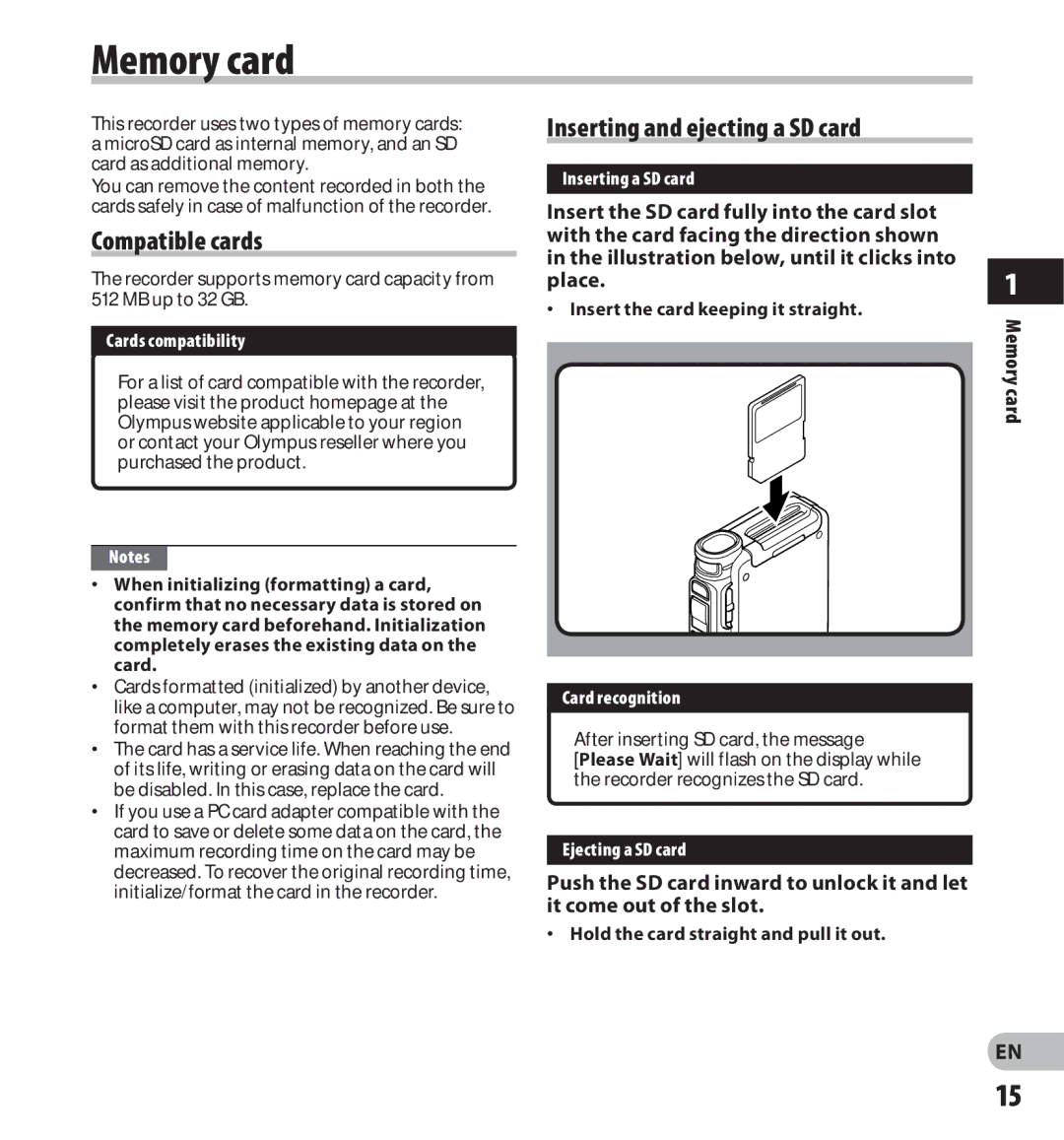 Olympus DS-3500 manual Memory card, Compatible cards, Inserting and ejecting a SD card, Place.1 