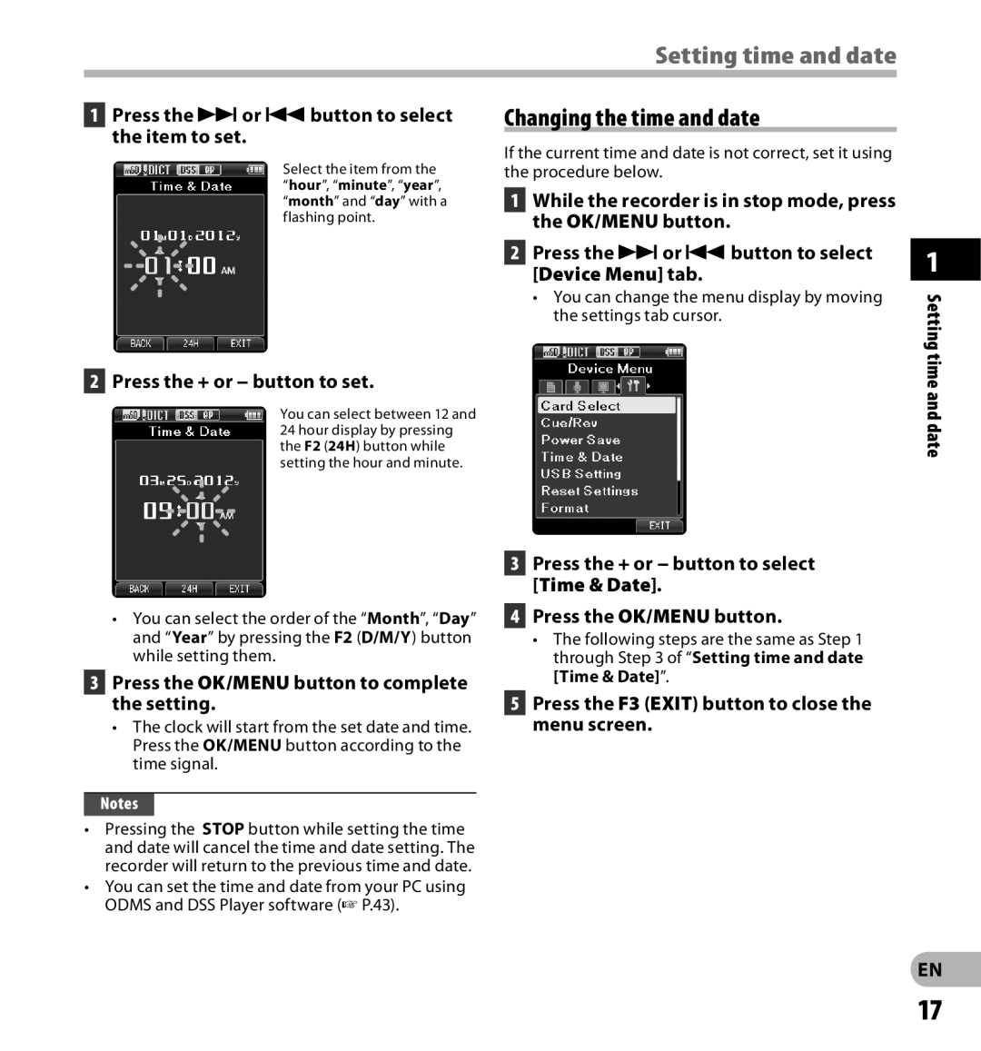 Olympus DS-3500 manual Setting time and date, Changing the time and date 