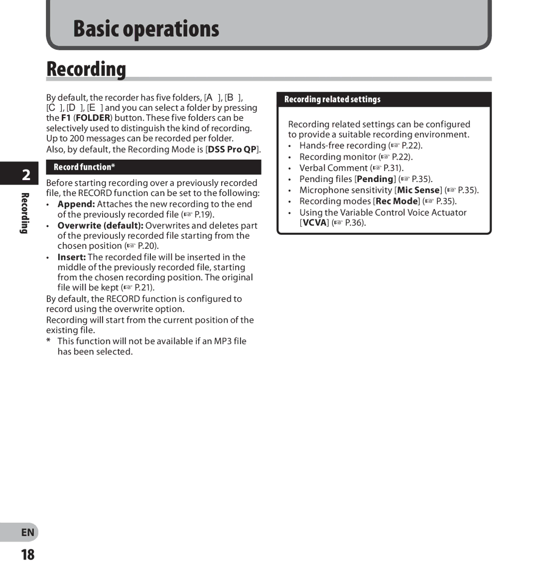 Olympus DS-3500 manual Record function, Recording related settings 