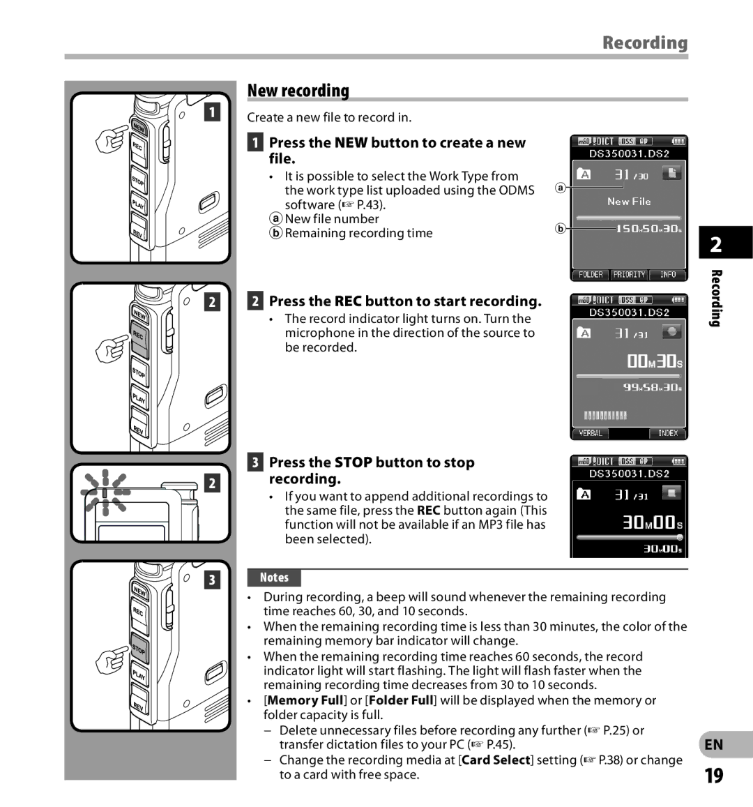 Olympus DS-3500 manual Recording, New recording, Press the NEW button to create a new file 