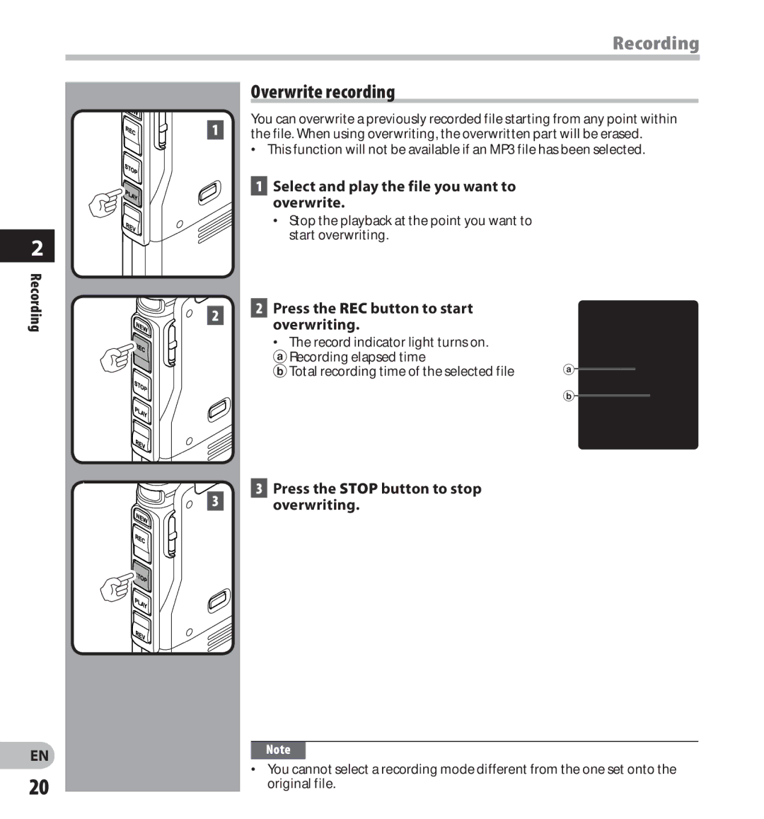 Olympus DS-3500 manual Overwrite recording, Select and play the file you want to Overwrite 