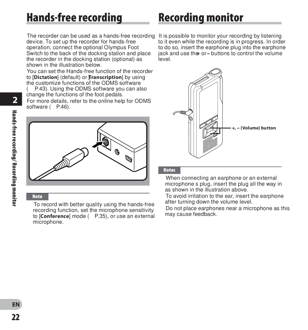 Olympus DS-3500 manual Recording monitor, To record with better quality using the hands-free, Microphone 