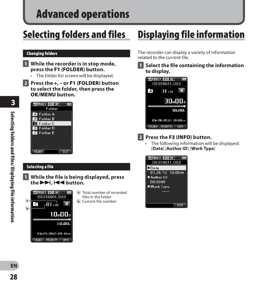 Olympus DS-3500 manual 9, 0button, Changing folders, Folder list screen will be displayed, Selecting a file, File 