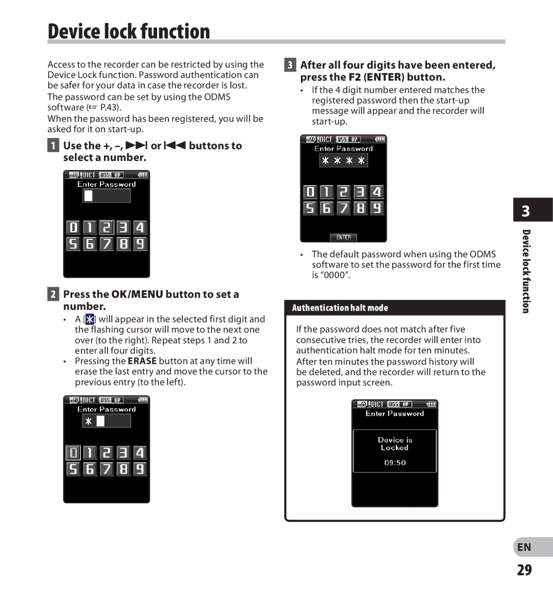 Olympus DS-3500 Device lock function, Use the +, -, 9or 0buttons to select a number, Function, Authentication halt mode 