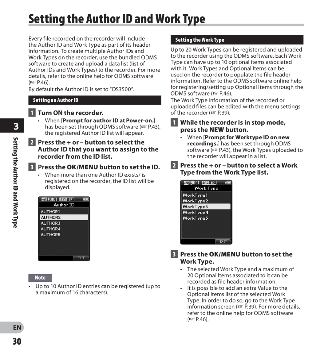 Olympus DS-3500 Setting the Author ID and Work Type, Turn on the recorder, Press the OK/MENU button to set the Work Type 